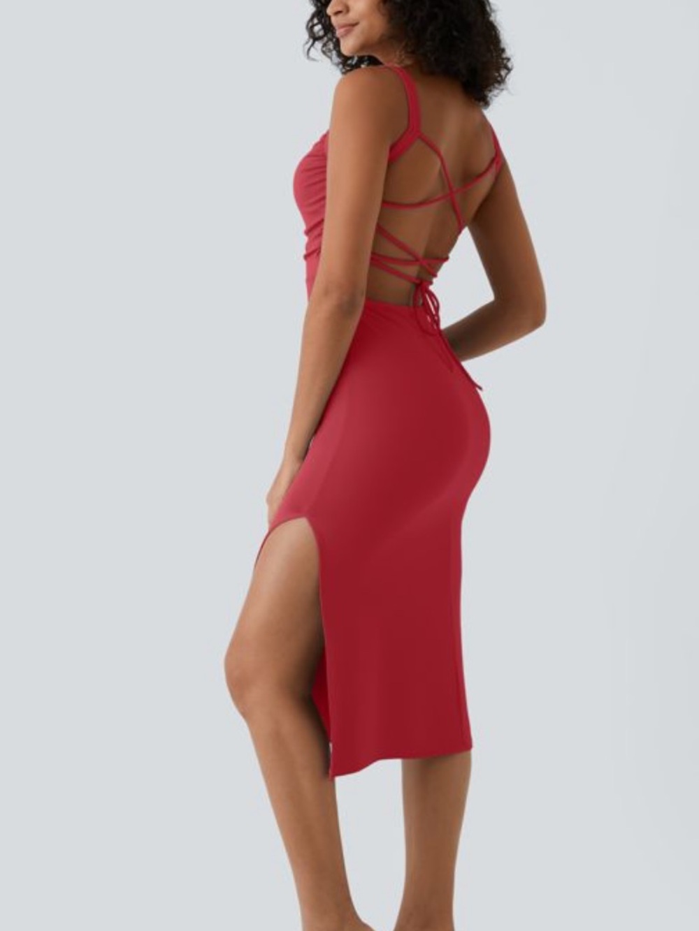 Halara Ruched Lace Up Bodycon Midi Casual Dress